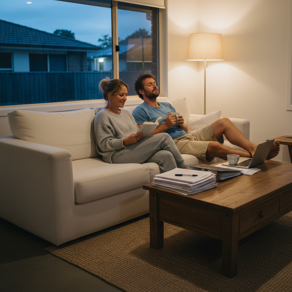 Brisbane couple relaxing at home after sorting finances