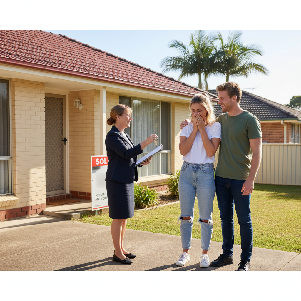 First home buyer couple receiving house keys in Brisbane